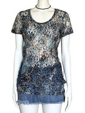 Vintage Y2K BKE Buckle Sheer Lace Leopard Print Short Sleeve Top. M/L. Trashy2K